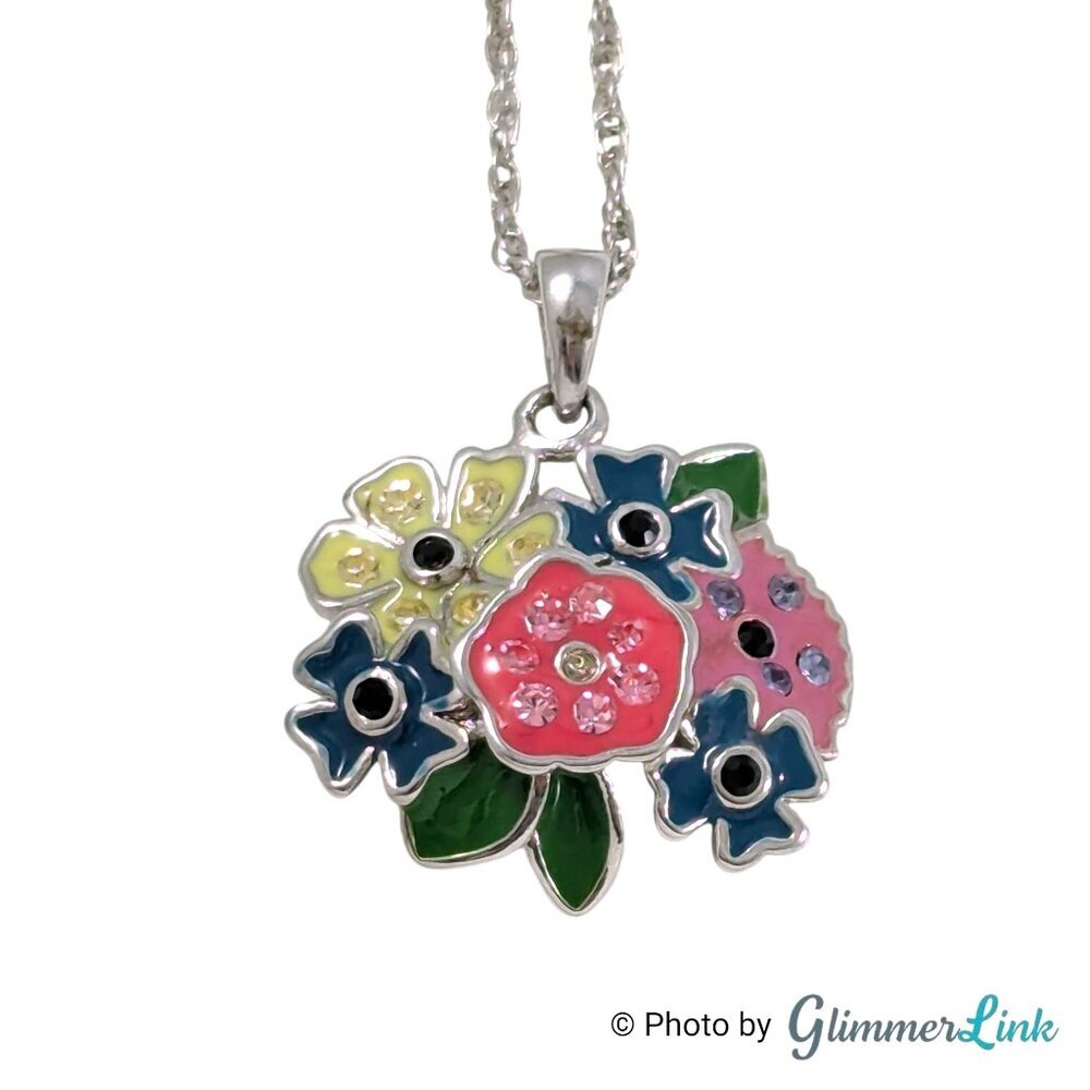 Silver Tone Multicolor Enamel Floral Pendant Necklace